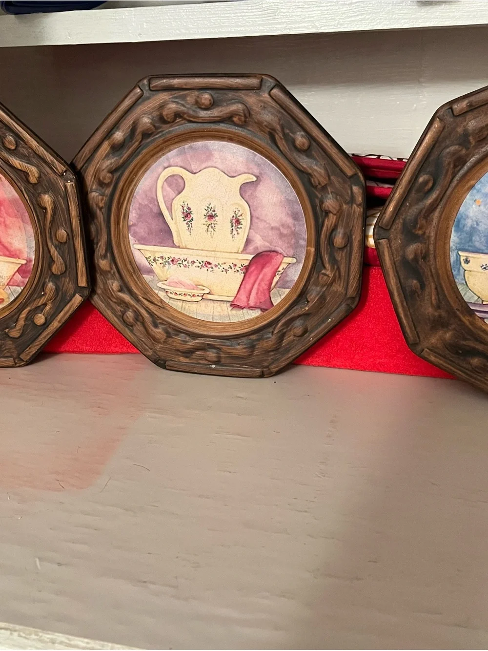 Vintage-Style Floral Pitcher Wall Plaque — Brown Frame, Pink Accent
